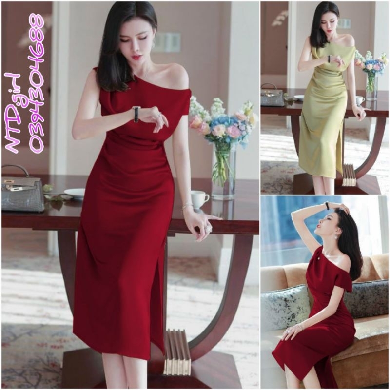 Hàng nhập - Đầm dáng ôm hở vai lệch cách điệu, váy dự tiệc lụa xẻ tà 1 bên xinh xắn