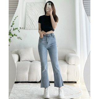 Quần Jean Ống Loe 9 Tấc (dài 88cm) Co Dãn Lưng Cao Nấm Lùn Leda