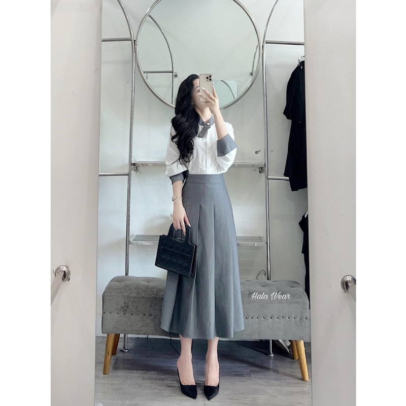 Set áo sơmi + chân váy ghi New