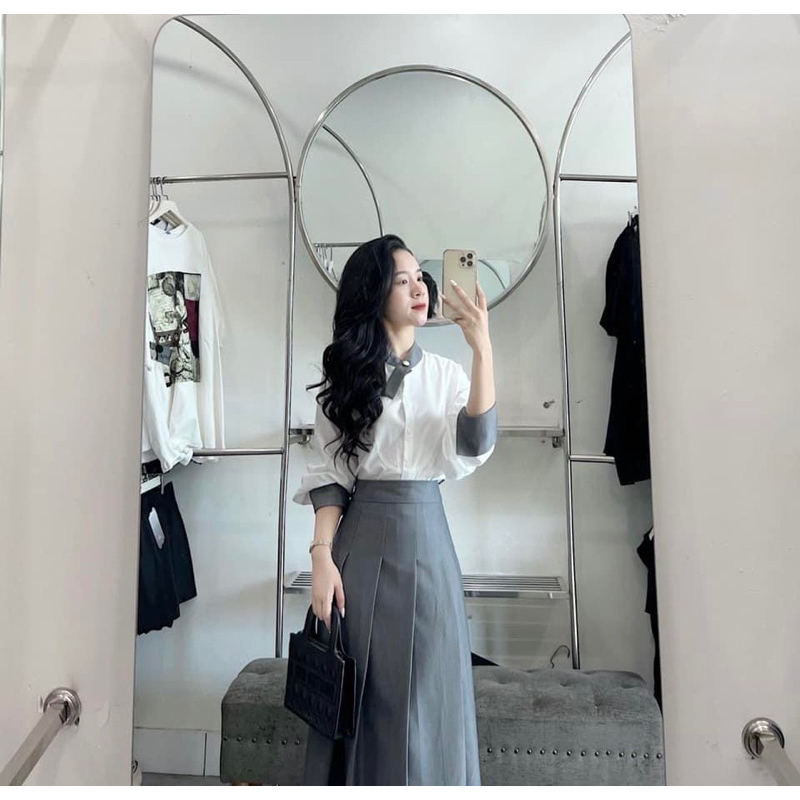 Set áo sơmi + chân váy ghi New