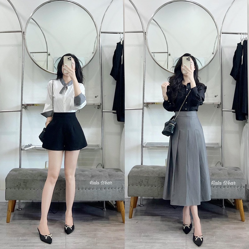 Set áo sơmi + chân váy ghi New