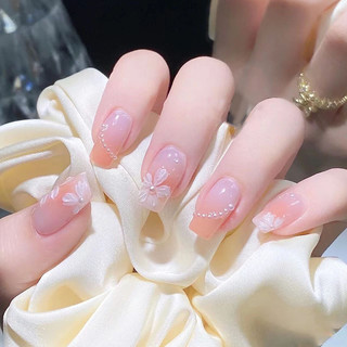 Bộ 24 móng tay giả đính ngọc trai Z109, Nail box đính đá, Mẫu nail ngắn vuông đính đá đơn giản, Shyn House Nail