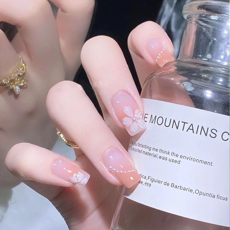 Bộ 24 móng tay giả đính ngọc trai Z109, Nail box đính đá, Mẫu nail ngắn vuông đính đá đơn giản, Shyn House Nail