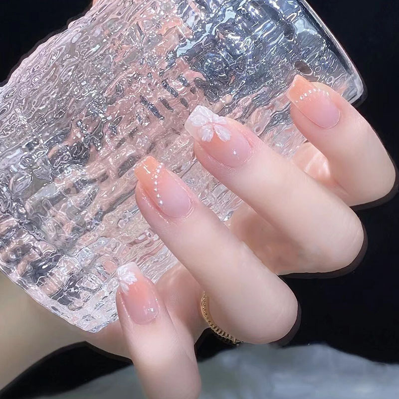 Bộ 24 móng tay giả đính ngọc trai Z109, Nail box đính đá, Mẫu nail ngắn vuông đính đá đơn giản, Shyn House Nail