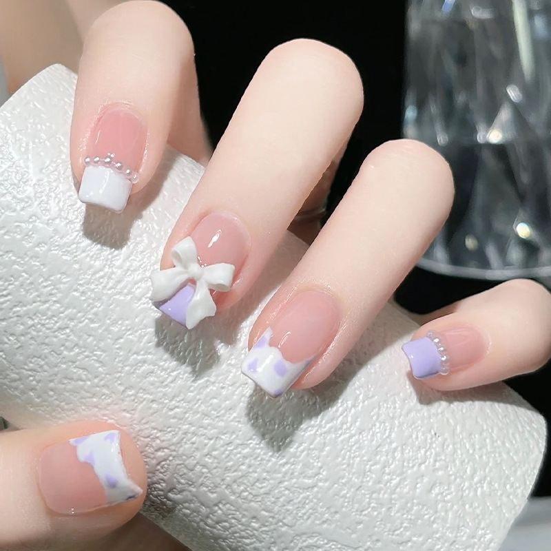 Móng tay giả ngắn vuông đính nơ Z126, Bộ 24 móng giả đính ngọc trai đẹp sang chảnh, Nailbox, Nail xinh Shyn House Nail