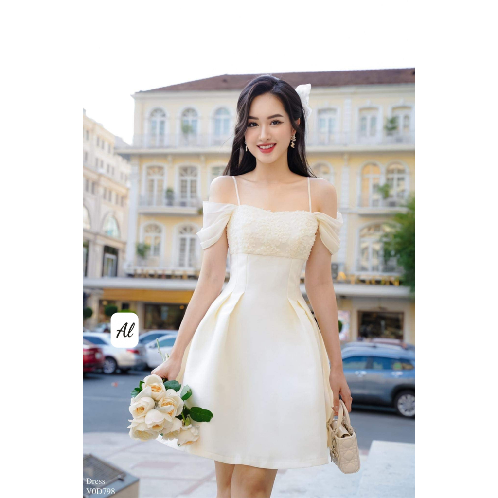 Váy trễ vai tafta phối ren, đầm 2 dây dự tiệc sang chảnh tiểu thư (có ảnh thật)