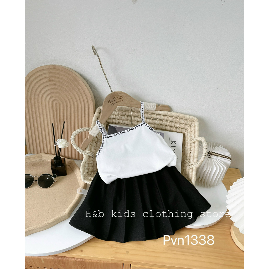 Váy cho bé gái , sét áo 2 dây NI.CE chân váy xếp ly sành điệu cho bé gái