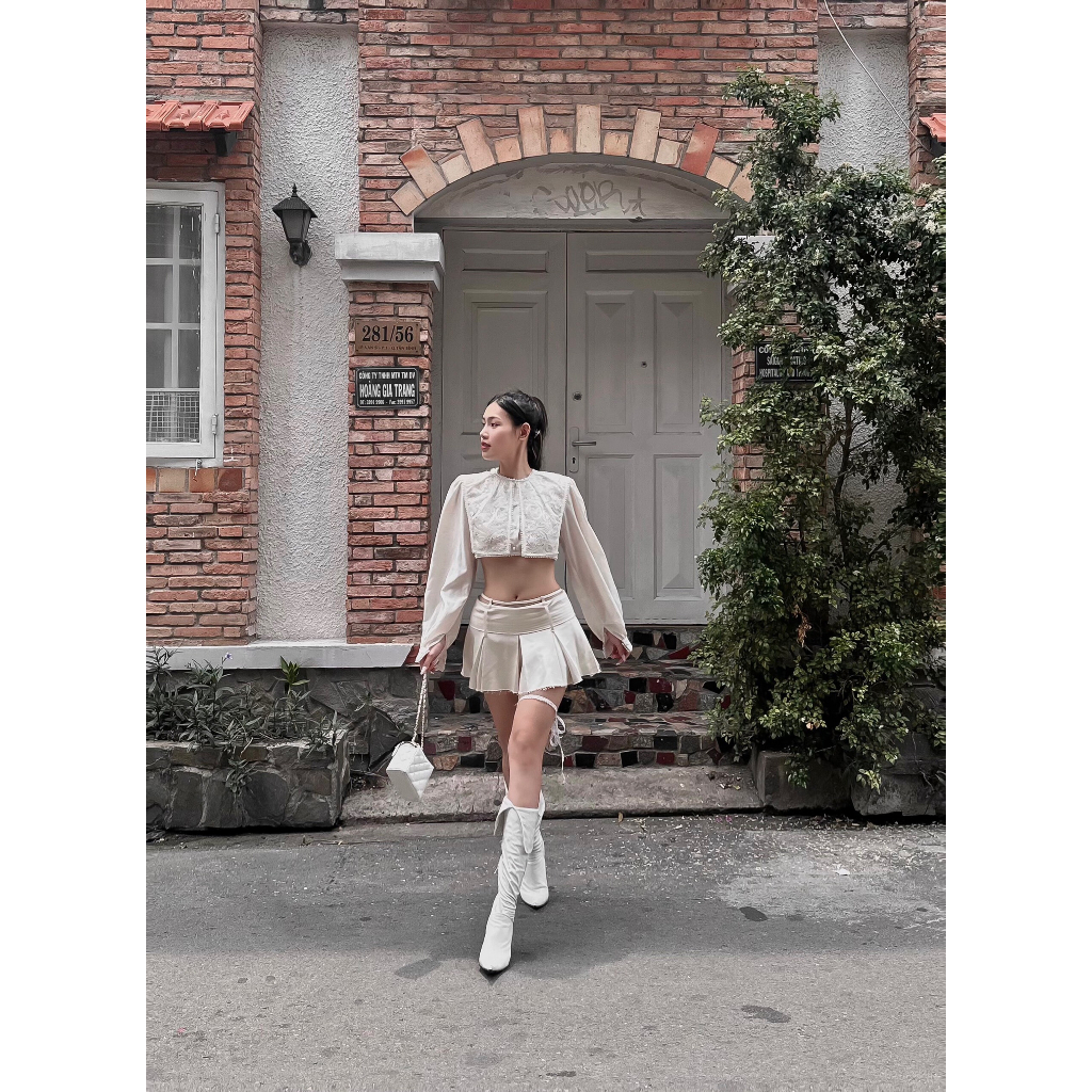 ONONMADE Áo Croptop Tay Dài Chân Váy Cạp Trễ Y2k Elen