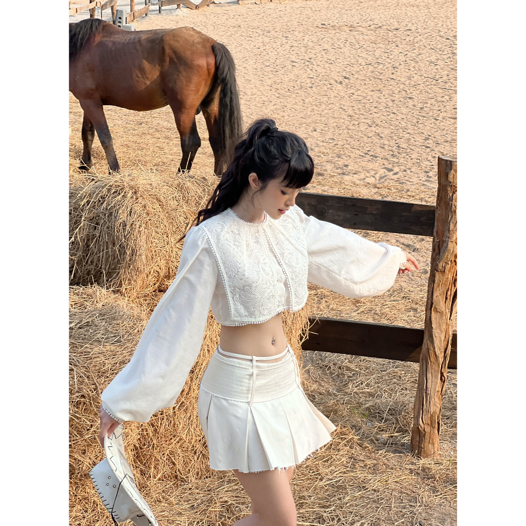 ONONMADE Áo Croptop Tay Dài Chân Váy Cạp Trễ Y2k Elen