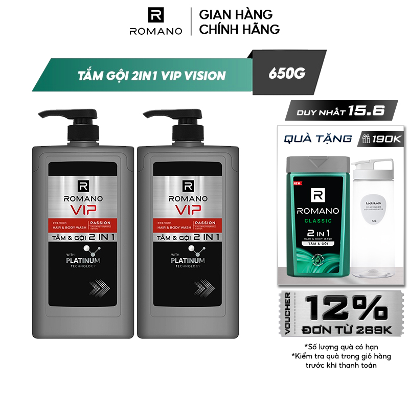 Combo Tắm Gội 2 trong 1 Romano 2in1 VIP PASSION/VIP VISION 650g/chai