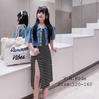 Set váy dây + áo Jean croptop Cho bé gái