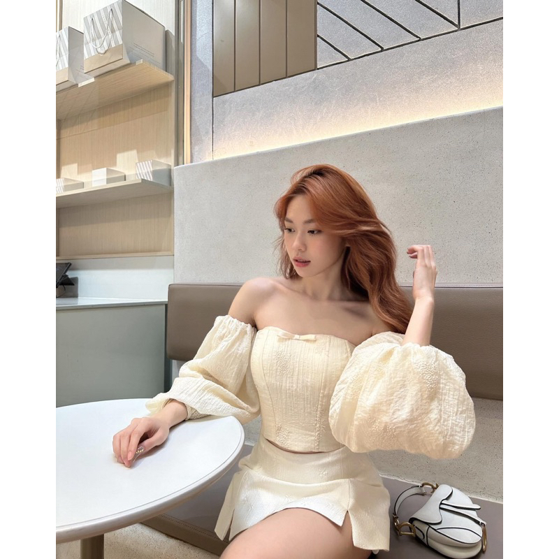 Set Xoài Non áo trễ vai tay bồng kèm chân váy tacta | BigBuy360 - bigbuy360.vn