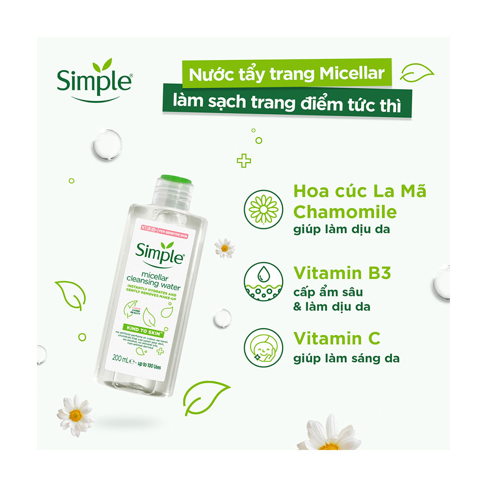 Nước Tẩy Trang SIMPLE Micellar Làm Sạch 99% Lớp Trang Điểm Chai 400Ml