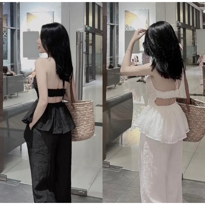 RẺ VÔ ĐỊCH Set Bộ Đũi Lạnh Áo Yếm Nhún Cúp Mút Ngực Hở Lửng Bảng Ngang Xoè + Quần Ống Xuông Dài