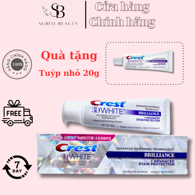 Kem đánh răng crest 3D White Brilliace trắng sáng , hương bạc hà tươi mát , đánh bay vết ố bẩn , Subeo Beauty