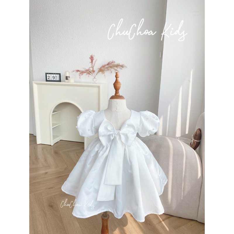 Váy Bé Gái , Đầm bé Gái Dáng công chúa đính nơ 2 lớp cho bé từ 1-3 tuổi