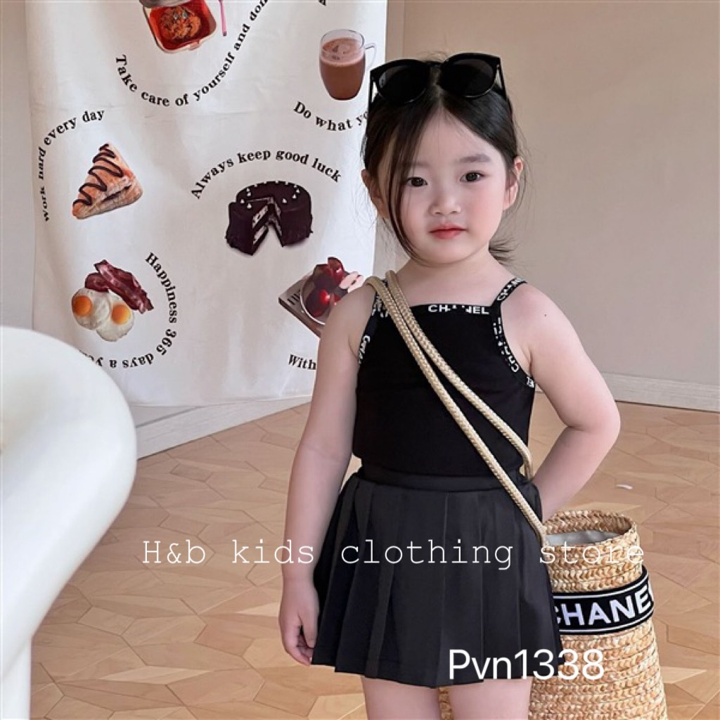 Váy cho bé gái , sét áo 2 dây NI.CE chân váy xếp ly sành điệu cho bé gái