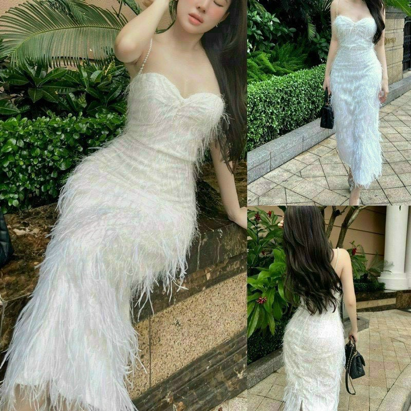 Đầm siêu hót năm 2023,MaXi đi biển dự tiệc,Đầm lông vũ kết cườm vài và ngực có mút, thời rang sanh chảnh,tông dáng đẹp