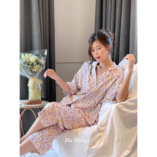 Bộ lụa l0006 đốm tím vàng quần lửng ha rouge