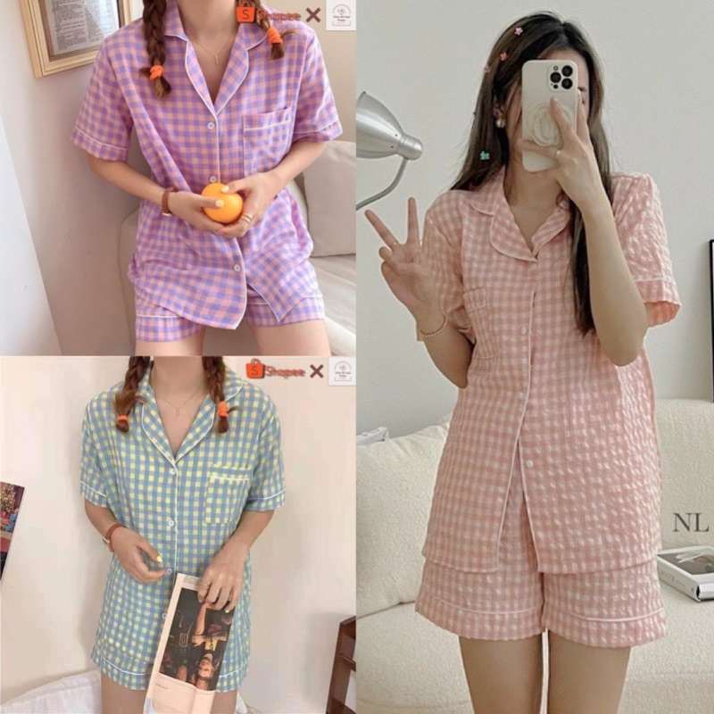 Bộ ngủ pyjama kẻ caro sọc viền xanh hồng tím form rộng chất đũi xốp, Set đồ nữ mặc nhà đi chơi ngắn tay quần short đùi