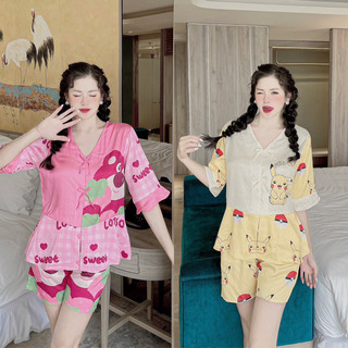 Bộ mặc nhà, pijama đùi chất LỤA XƯỚC thiết kế tay loe, đồ ngủ dễ thương, free size dưới 60kg