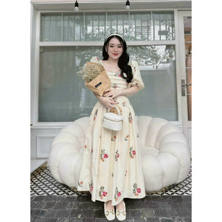 Đầm nữ mặc đi chơi đi biển chất voan chifon hai lớp cao cấp cổ vuông tay phồng ngắn phối xếp ly ngực váy maxi xoè