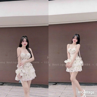 Đầm nữ thời trang mặc đi chơi chất voan chifon in hoa hai dây cúp ngực có mút ôm eo váy phối xếp tầng hai lớp siêu kute