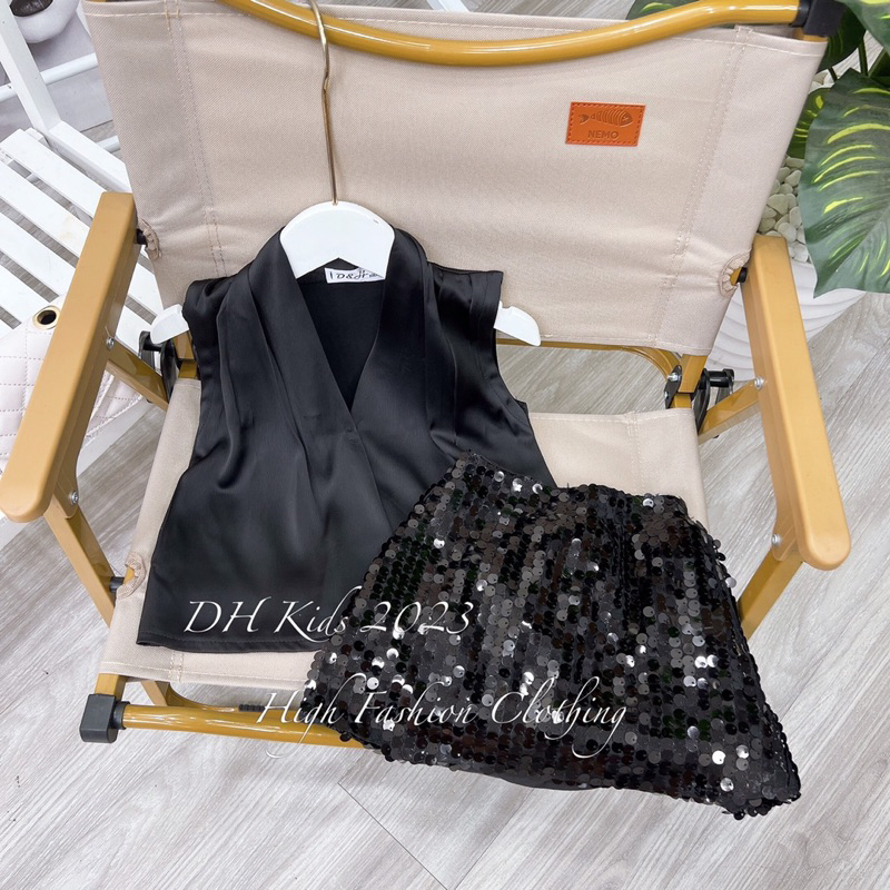 Sét áo sơ mi lụa phối chân váy kim sa sang chảnh cho bé gái