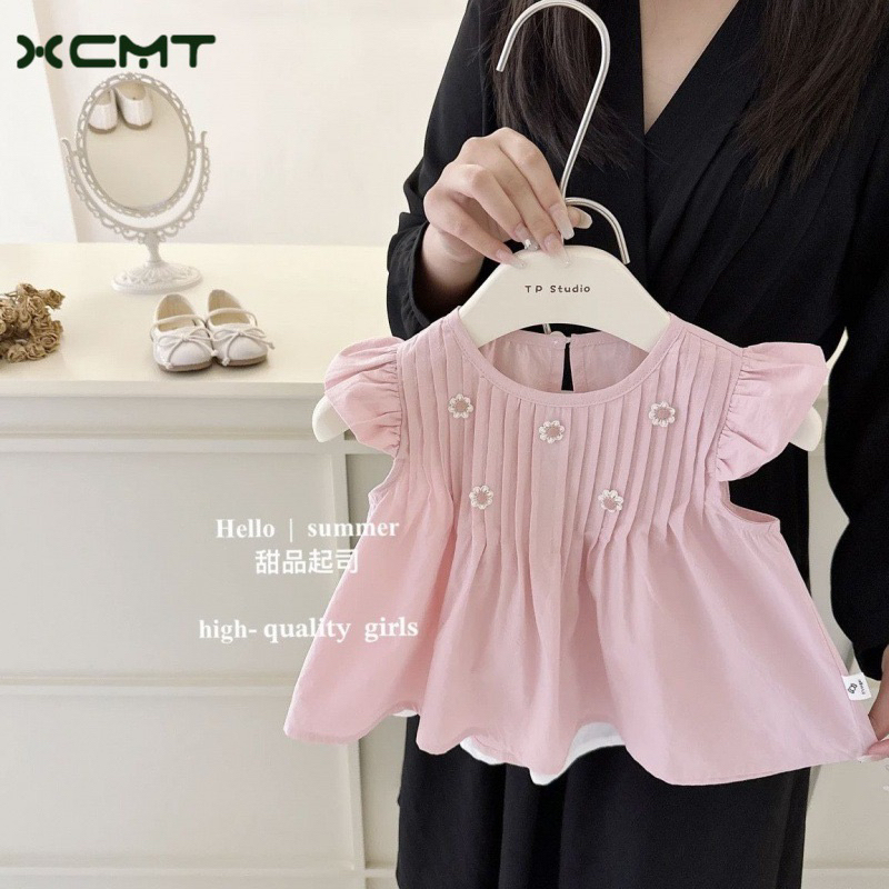 Set áo babydoll thêu hoa + quần đùi thiết kế dễ thương phong cách hàn quốc cho bé gái hè 2023