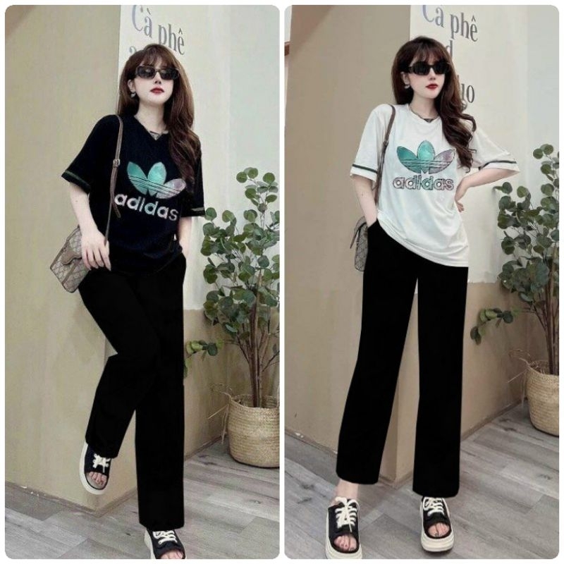 Set Bộ Thun Cotton Form Rộng Quần Ống Suông Áo Thêu