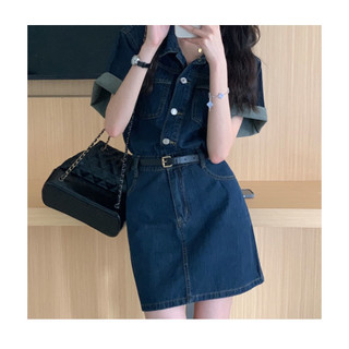 Đầm jeans nữ cổ sơ mi thiết kế thắt eo - Váy sơ mi bò dáng ngắn thời trang vitange