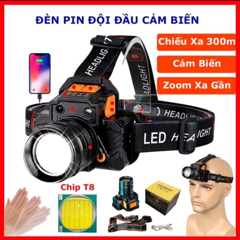 Đèn pin đội đầu 1 bóng cảm biến vẫy tay🥰 FREE SHIP🥰 Đèn đội đầu siêu sáng có zoom xa gần hiển thị pin