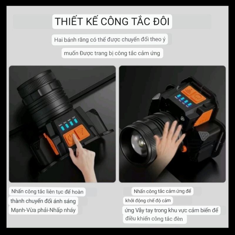 Đèn pin đội đầu 1 bóng cảm biến vẫy tay🥰 FREE SHIP🥰 Đèn đội đầu siêu sáng có zoom xa gần hiển thị pin | BigBuy360 - bigbuy360.vn