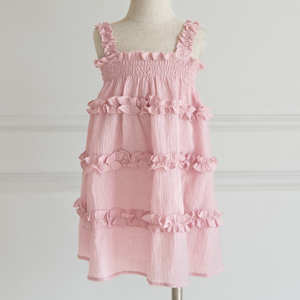 Lisa dress Váy bé gái hai dây nhún bèo thiết kế P'ti chou 8kg đến 23kg