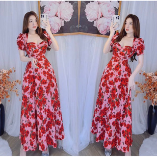 Váy cổ vuông cúp Tay lửng form xoè dáng dài freesize Có hoa