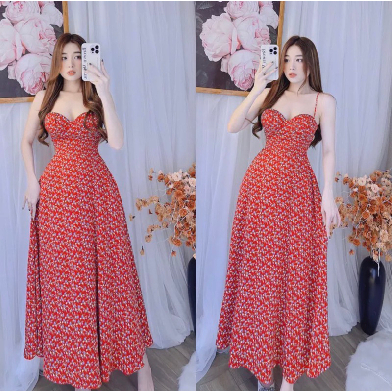 Váy Đầm maxi hoa nhí hai day cúp freesize siêu đáng yêu dáng dài