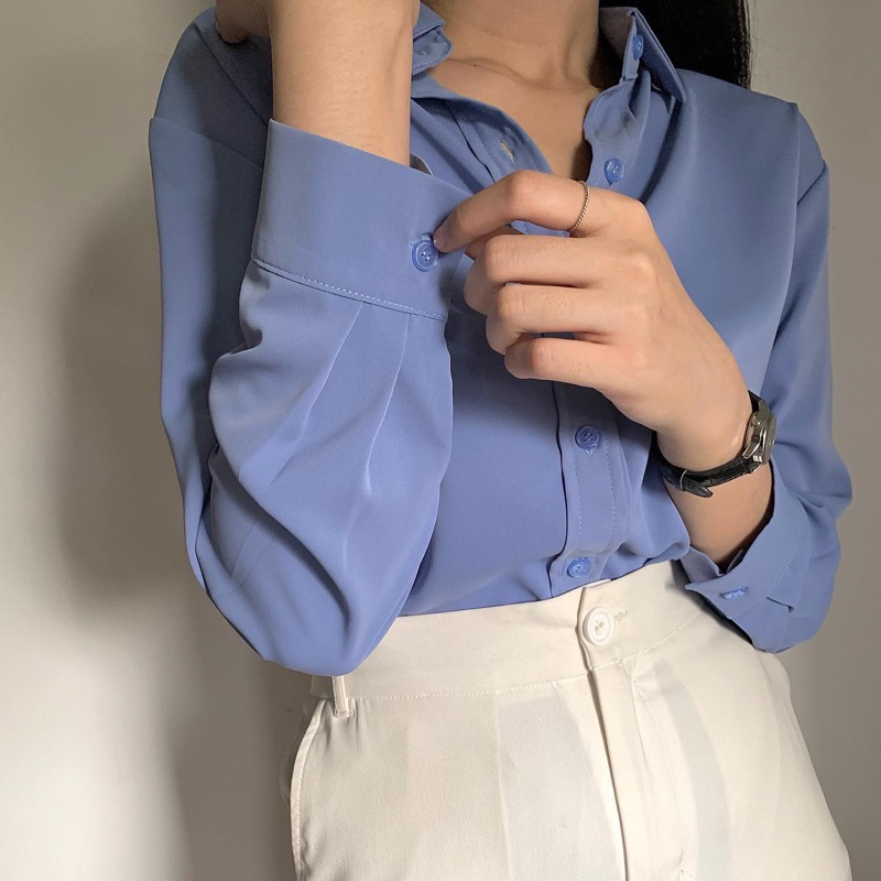 Áo sơ mi nữ công sở màu xanh dài tay form rộng chất mát mịn không nhăn AAS442