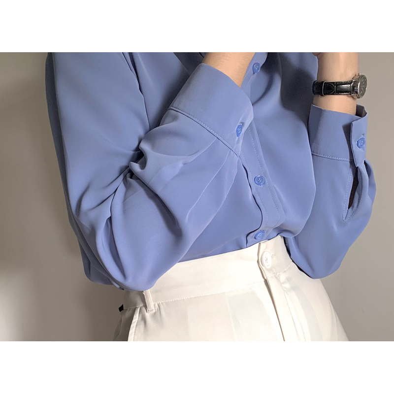 Áo sơ mi nữ công sở màu xanh dài tay form rộng chất mát mịn không nhăn AAS442