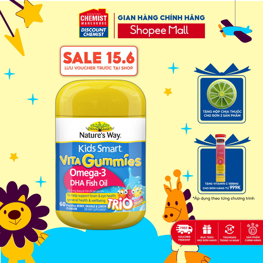 Bổ sung DHA Omega 3 cho trẻ Nature's Way Kids Smart Vita Gummies Omega 3 DHA Fish Oil phát triển trí não cho bé 60 viên