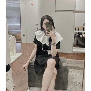 Váy Đen Cổ Trắng Bèo, Chất Umi Hàn Dày Dặn