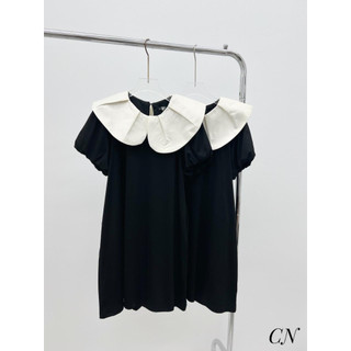Váy Đen Cổ Trắng Bèo, Chất Umi Hàn Dày Dặn