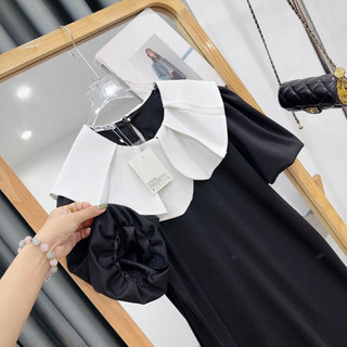 Váy Đen Cổ Trắng Bèo, Chất Umi Hàn Dày Dặn