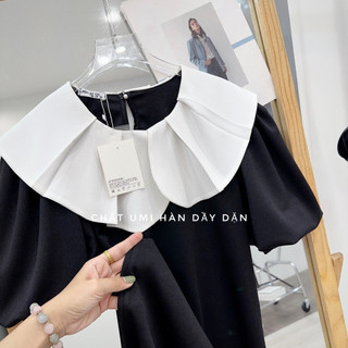 Váy Đen Cổ Trắng Bèo, Chất Umi Hàn Dày Dặn