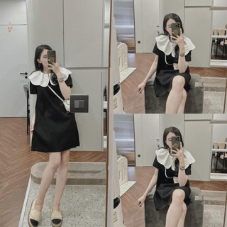 Váy Đen Cổ Trắng Bèo, Chất Umi Hàn Dày Dặn