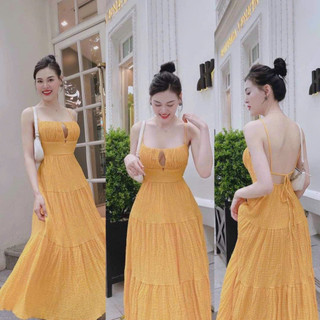 Đầm maxi đi biển sang chảnh chất xốp chỉ hai dây xẻ ngực có mút hở lưng váy maxi xoè phối tầng phong cách