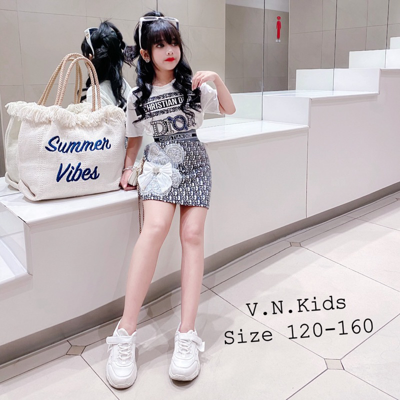 Set Áo Váy Đì O Gấu nơ Cao cấp cho bé gái