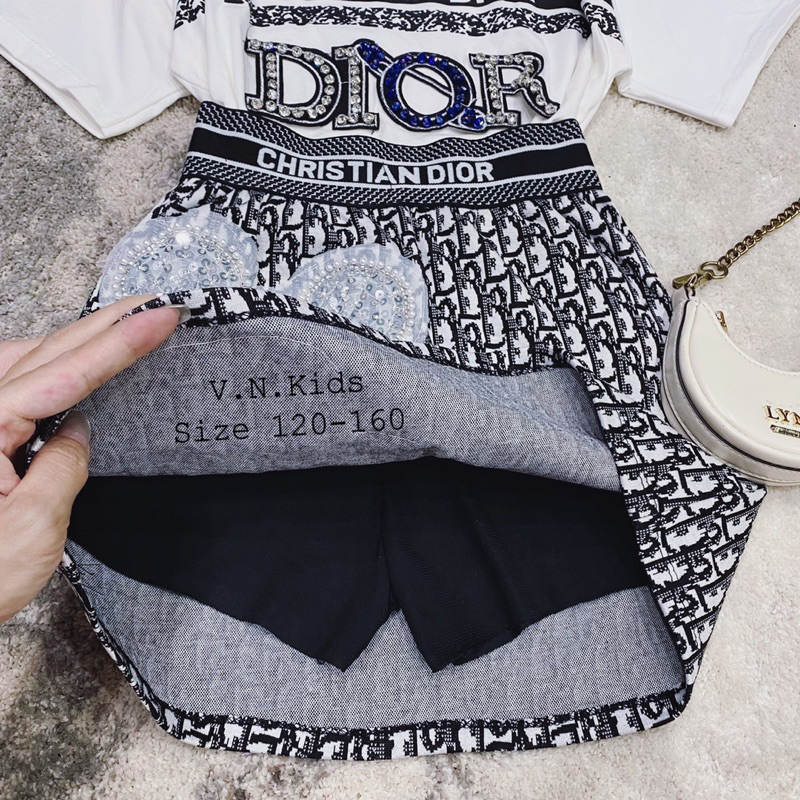 Set Áo Váy Đì O Gấu nơ Cao cấp cho bé gái