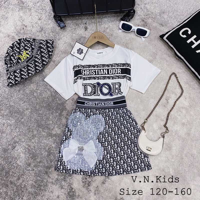 Set Áo Váy Đì O Gấu nơ Cao cấp cho bé gái