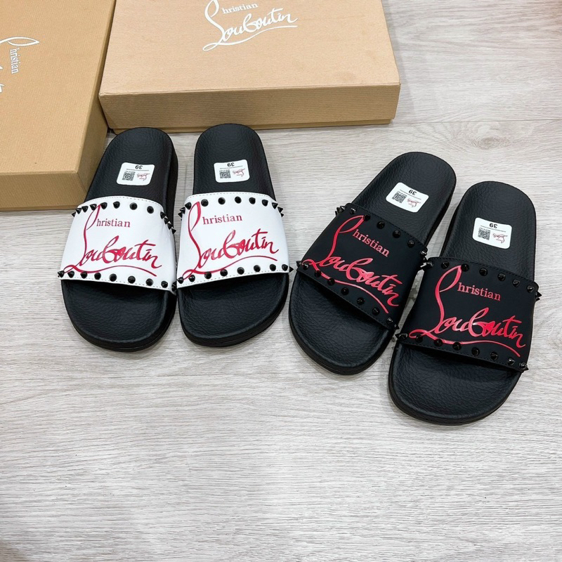 Dép lê nam quai ngang Louboutin quai da in chữ đỏ tag đinh đen viền đế cao su non hàng cao cấp DL31P