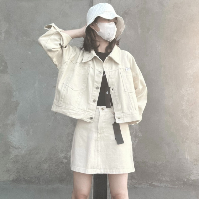 Áo khoác jean nữ KABICO dáng ngắn kèm chân váy jean ngắn phong cách ulzzang G6 | BigBuy360 - bigbuy360.vn